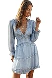 SHABADUER High Waist Sexy Long/Short Sleeve Ruffle Deep V Neck Dresses Women Elegant Summer Dress (S, Blue Leopard)