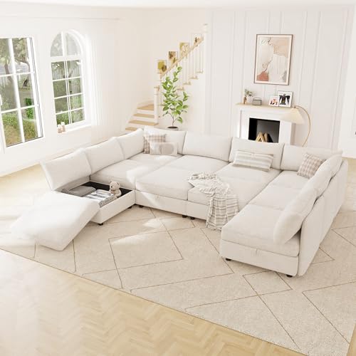 Image of 125 inch Chenille Modular Sectional Sofa Bed Hidden Storage, Convertible L U Shaped Sleeper Couch, 10 Seat Modern Modular Sectional Sofa with Removable Covers & Ottoman Chaise, for Living Room, Beige