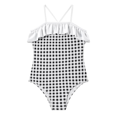LIZENS Girls One Piece Swimsuit with Checkered Pattern and White Ruffles