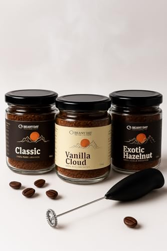 Image of Beany Day Coffee Trio - Hazelnut, Vanilla, Classic (50g Each) | Instant Coffee Pack | Free Frother Inside