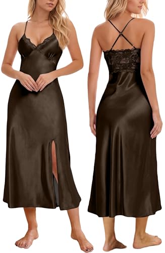 Image of ALCEA ROSEA Women Silk Satin Nightgown Sexy Lace Chemise Lingerie Long Sleepdress for Ladies Sleepwear Slip Negligee