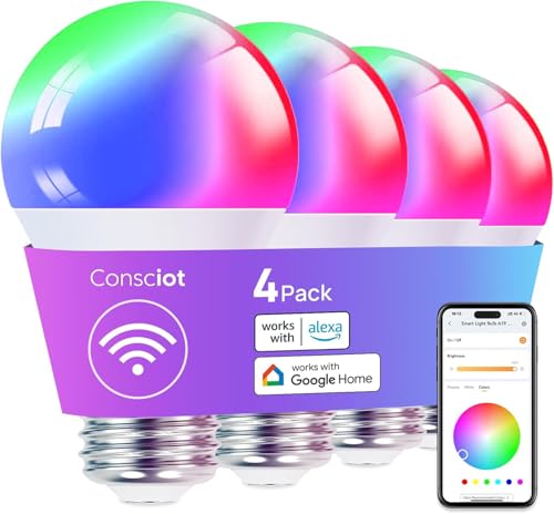 Image of Consciot Smart Light Bulbs, A19 Google Home Color Changing Bulbs, 4-Pack | 800 Lumens, 60W Equivalent, Works with Apple Home, Alexa, Google Home & SmartThings, Dimmable LED Bulbs
