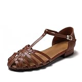 TZNBGGE Women Closed Round Toe Low Chunky Braided Caged Sandals Fashion Strappy Comfortable Ankle Strap Flat Gladiator Dressy Roman Sandal For Casual Walking (Brown,7)