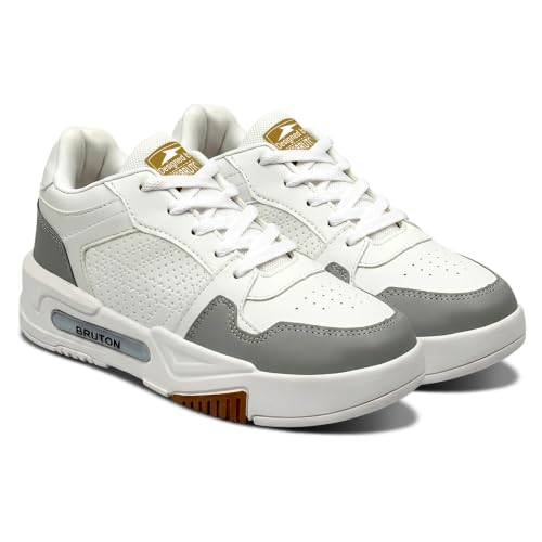 Image of BRUTON Men's HUSTLE-222 White Sneakers | Stylish Lace-Up Casual Shoes | Cushioned Comfort Sole | Lightweight Fashion Sneakers, College, Travel & Street Style
