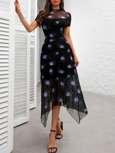 Image of GothDark Women Summer Wedding Guest Floral Mesh Irregular Hem Midi Dress | A-Line, Short Sleeve, Sheer Mesh Overlay, Elegant Vintage Dresses For Party, Semi Formal, Vacation, Dinner, Church
