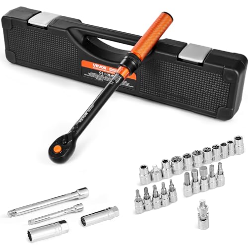 VEVOR Juego de Llaves Dinamométricas de Clic Accionamiento de 3/8' 5-60 Nm Bidireccional 72 Dientes con Vasos, Puntas, Barra de Extensión, Vasos para Bujías y Adaptador para Reparación de Coches