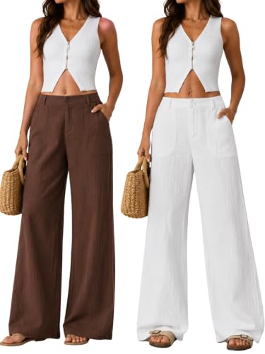 Image of GRECIILOOKS Beige Wide Leg Linen Trousers for Women | High Waist Cotton Baggy Korean Style Casual Pants | Comfortable Formal & Casual Women Trousers