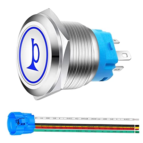 Taiss 19MM Bouton de klaxon de Voiture momentané Commutateur à bouton-poussoir horn 12V Interrupteur de réinitialisation Bouton de klaxon avec Lumières LED bleu avec prise pour voiture Camion LBP19-BU