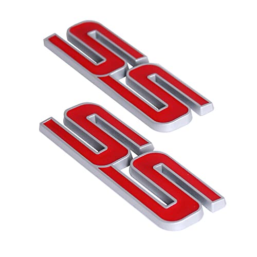 Image of 2Pc Trunk and Fender SS Emblem 10336980 3D Metal Badge Pearl Replacement for 2006 2007 2008 2009 2010 Impala Malibu HHR Cobalt SSR (Silver Red)