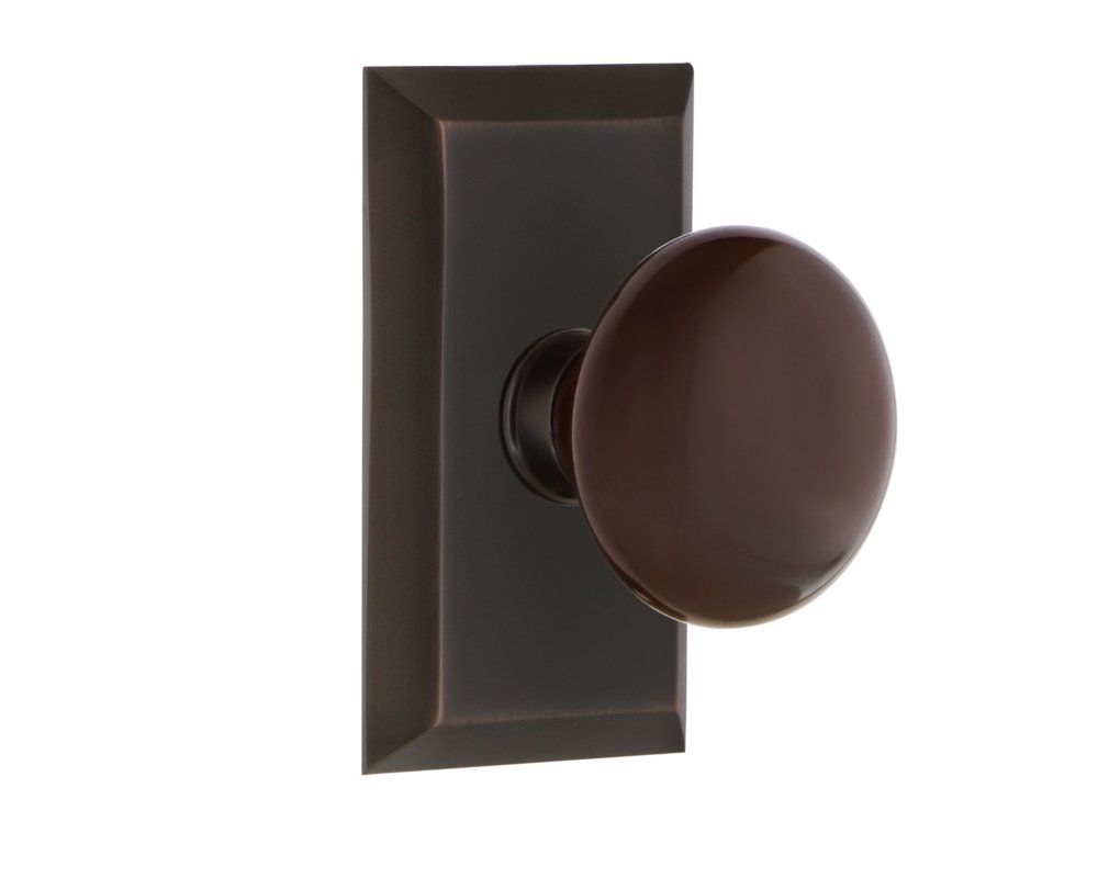 Nostalgic Warehouse Studio Plate with Brown Porcelain Knob, Passage - 2.375", Timeless Bronze