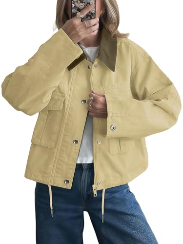 Womens Cropped Jacket Zip Up Lightweight Bomber Button Drawstring Oversized Utility Casual Coats With Pockets2