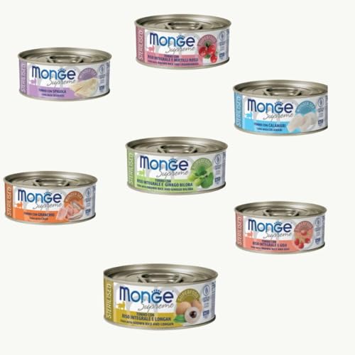 Monge húmedo gato, alimento completo para gatos adultos esterilizados, Monge Supreme gato sabor variado | 12 latas de 80 gramos cada una.