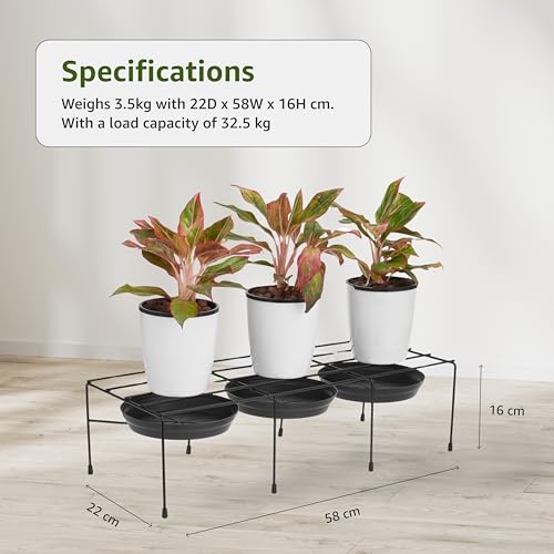 Image of Amazon Brand - Solimo Metal Plant Stand (Set of 4, Black) - Heavy-Duty, Rust-Resistant Iron Rack, Indoor & Outdoor Use, 22 x 58 x 16 cm, Supports 32.5 kg per Shelf