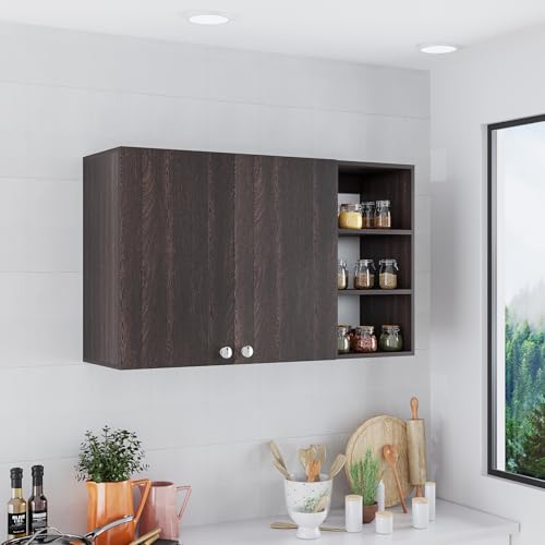 Image of FURNEASER Lismore Kitchen Storage Cabinet Rack Shelf Multipurpose Wooden Wall Mounted Spice Jar Shelves for Storage Organizer Containers Hanging Shelves with 2 Door (Wenge)