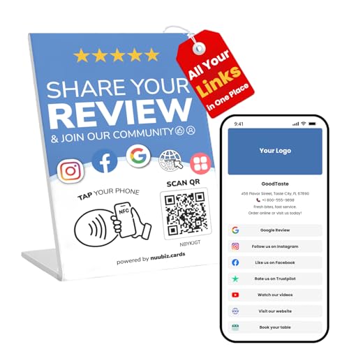 Review Stand Compatible with Google & Social Media QR Code Sign – Works Like a Review Tap Card – Multi-Business NFC & QR Code Stand Display– Link Reviews, Instagram, Facebook, Website & More – No App/Fees