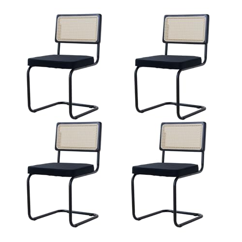 BenyLed Lot de 4 Chaises de Salle à Manger en Velours avec Pieds en Métal Chromé ; Chaises de Cuisine Modernes avec Dossier en Bois Massif de Rotin (Noir-...