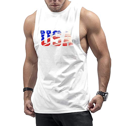 GYMLEADER Men's Casual T-Shirt USA Flag Bodybuilding Cut Workout Tank Tops-XL