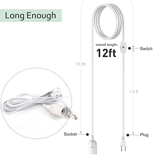 JACKYLED Extension Hanging Lantern Cord Cable UL 2-Pack 12Ft 360W with E26 E27 Socket Gear Switch + Hooks 2-Prong US AC Power Plugs Pendant Lighting Bulb Lamp for Kitchen Bedroom Bathroom