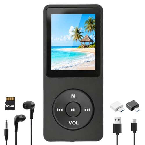 Reproductor MP3 MP4 64GB Bluetooth 5.0 con Altavoz HD, Pantalla TFT a Color de 1.8”, Ampliable hasta 128GB, Reproductor de Música Sin Pérdidas Portátil para Niños y Adultos