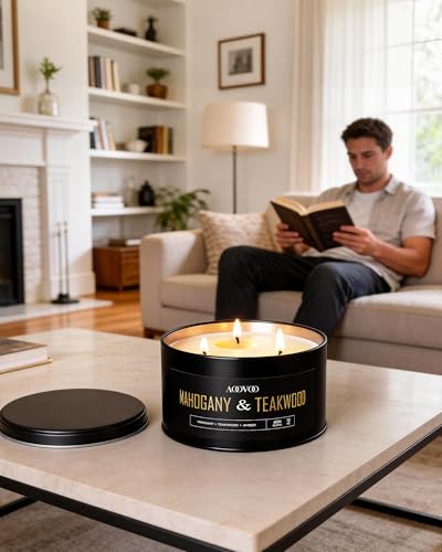 Image of AOOVOO Mahogany Teakwood Candles for Men - 3 Wick 12oz Black Scented Candle | Long Lasting Soy Candles for Home Scented, Masculine Candle Gift for Father Day, Women & Men, Non Toxic, Large