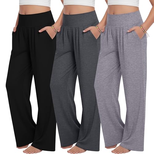 YooAurvox 3 Pack Girls Sweatpants 5-14 Years Wide Leg Baggy Drawstring Pants Teen High Waist Joggers with Pockets School(9-10 Years Black Light Gray Dark Gray)
