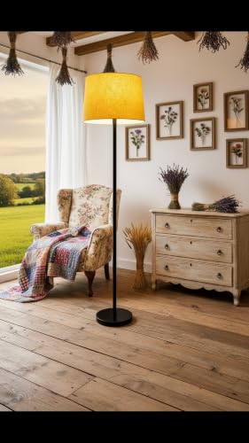 Image of Modern Floor Lamp with Fabric Shade, Metal Base, Red | Standing Lamp, Living Room & Bedroom, Warm Ambient Lighting, Home Decor (Yellow)
