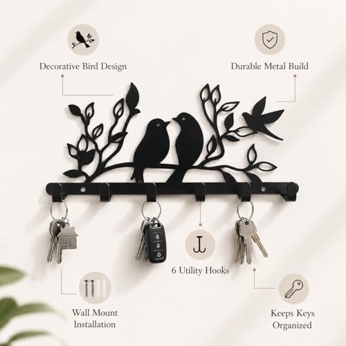 Image of Key Holder for Home, Metal Wall Mounted, 6 Hooks (Birds Desigh) | Cat Design, Includes Mounting Screws, For Home Use, 6 Hook Hanger, Metal Construction