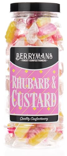 Original Rhubarb and Custard Sweets Retro Boiled Sweets Gift Jar By Berrymans Sweet Shop - Classic Sweets, Traditional Taste.