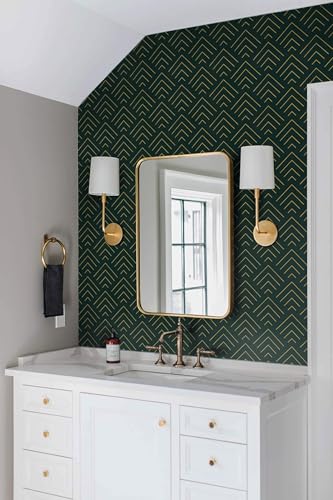 Image of TEKCOOL Self Adhesive Wallpaper Green and Gold Pattern Peel and Stick Wallpaper Gold Lines Geometric Sticky Back Vinyl Removable Contact Paper Wall Covering Decorative Film DIY 45x300cm (Green-3pc);