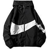 [エンプティオ] ウィンドブレーカー ラッシュガード オシャレ スポーツ アメカジ フルジップフーディー ウィンドブレーカー トレーニングウェア シャカシャカ ストリート系 ウォーキング ヴィジュアル系 ランニング アウトドア フード付き ジャンパー カジュアル ジョギング かっこいい ジャケット アウター パーカー マラソン ポケット ファスナー 韓国 前開き 軽量 薄手 (L) ブラック