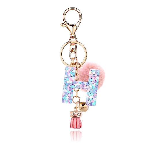OKAICEN Pink-Purple Resin Alphabet Initial Letter Keychain Key Ring for Women Grils Purse Handbags with Faux Rabbit Fur Ball Pom(H)