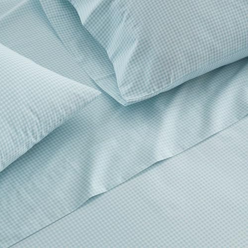 Image of Martha Stewart - Twin XL Size Sheet Set, Breathable Cotton Percale Bedding with Matching Pillowcase, Fully Elastic Fitted Sheet, Deep Pocket, Crisp & Cooling All-Season Comfort (Small Gingham Blue)
