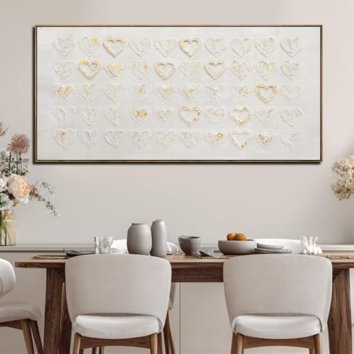 Image of White And Gold Wall Art For Living Room 3d Textured Large Canvas Pictures Love Heart Wall Paintings Framed Artwork Decor 29 inchx58 inch