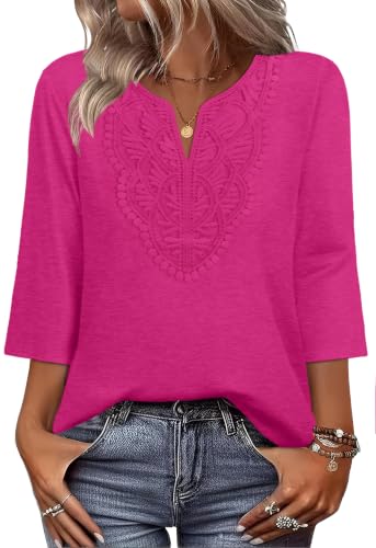 Image of WIHOLL 3 /4 Length Sleeve Womens Tops Boho V Neck Lace Shirt Trendy Blouses Dressy Casual Vacation Clothes S-3XL
