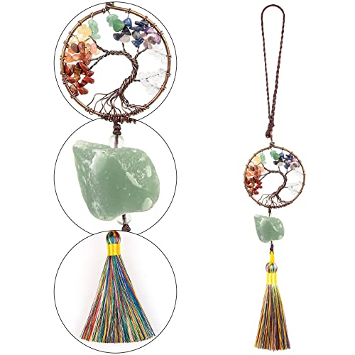 mookaitedecor Natural 7 Chakra Crystal Tree of Life Wall Art Hanging Decor Good Luck Crystal Car Hanging Accessories Raw Green Aventurine Healing Crystal Hanging Ornament Chakra Tree of Life Gift - Image 3