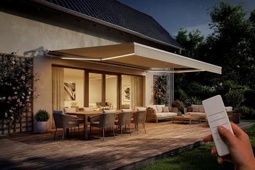 Cazeboo Store banne motorisé à LED Semi-Coffre Blanc FAZZIO 5x3m Toile Beige