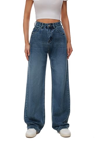 Women High Waist Wide Leg Jeans Boyfriends Stretch Long Trousers Denim Pants Classic Blue4