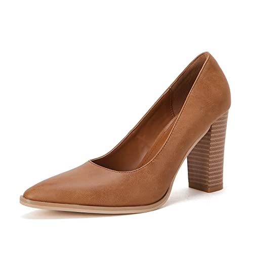 LAICIGO Women's Pointed Toe Pumps Chunky Block High Heel Slip On Dress Party Wedding Shoes