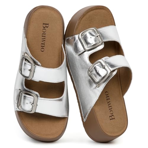 Image of Platform Sandals Women Genuine Leather Slip-on Beach Slide Buckle Comfortable Sandals with Memory Foam Soft Lining and Open Toe Low Wedges