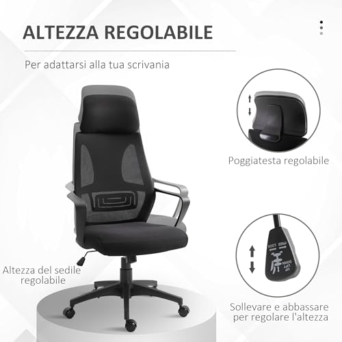 Sedia da Ufficio Ergonomica con Braccioli e Poggiatesta Regolabile, Sedia Scrivania Girevole con Supporto Lombare, Altezza Regolabile e Funzione Dondolo in Tessuto per Studio, Nero - Sedia gaming - Immagine 3