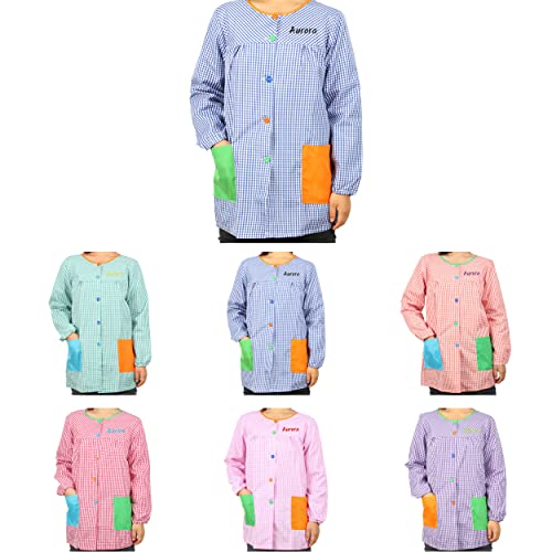 Bata Profesora Babi Profesora Bata Escolar Adulto de Cuadros Unisex Manga Larga - S, con Bordado Nombre Personalizable