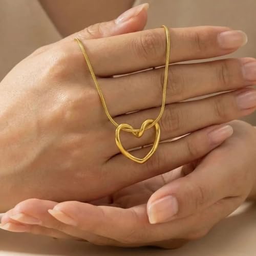 Image of 18K Gold Plated Heart Pendant Chain Necklace for Women & Girls | Anti Tarnish Stainless Steel Minimal Love Locket Stylish Everyday Wear Jewellery Valentine, Anniversary Birthday G