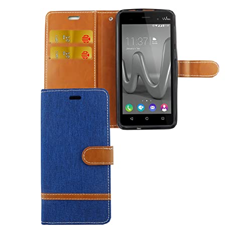Housse Wiko Jerry Max tissu bleu avec rangement carte et clapet support antichoc