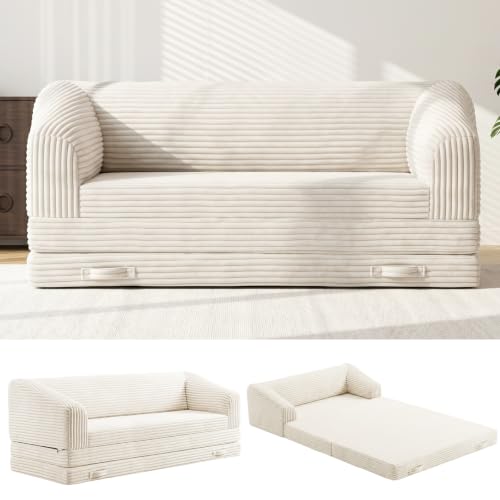 Image of JUIKURY Convertible Sofa Bed, 3-in-1 Foldable Loveseat Couch with Armrest, Corduroy Floor Sofa & Sleeper Bed, No Assembly High-Density Foam Futon Mattress for Living Room, Small Apartment, Dorm