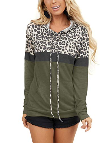 Minthunter Women's Long Sleeve Tops Casual Leopard Color Block Tunic Fashion Hoodies with Pockets Olive