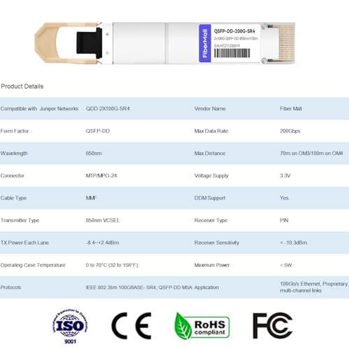 Image of 200G QSFP-DD SR4 QSFP-DD Optical Transceiver Module Compatible with Juniper Networks QDD-2X100G-SR4 200GBASE-SR4 850nm 100m DDM MPO-24 MMF