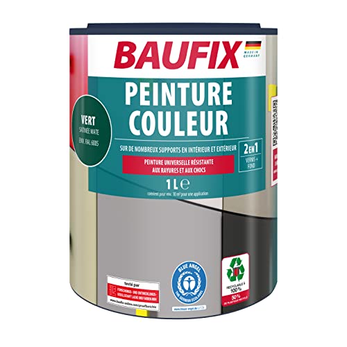 Baufix PEINTURE COULEUR 2en1 - Vert env. RAL 6005-1 litre - Pour l’intérieur & l’extérieur - Pour bois, zinc, fer, maçonnerie, béton, plaques en Eternit etc. - Séchage rapide