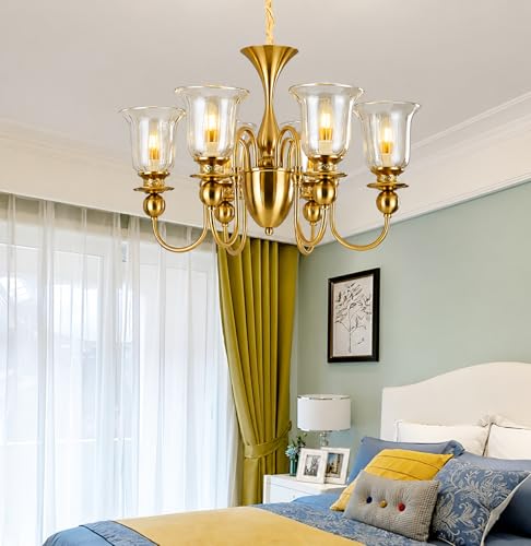 Image of Italian Chandelier Light, 6 Light Champagne Glass, Brass Finish for Dining Hall, Drawing Room, Lobby, Hall, Cafe, Hotel with 6 Filament Bulbs, Gold