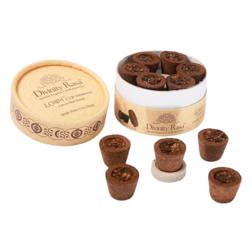 Image of Divinity Rasa Cow Dung Sambrani Dhoop Cups with Metal Stand (12+1 Cups) | Natural Gau Gobar, Guggal & Loban Dhoop Cups for Pooja, Havan & Meditation | Long Lasting Incense for Home Fragrance