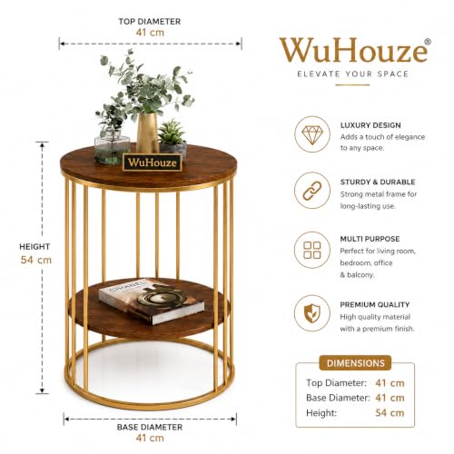 Image of Modern Double-Top Coffee Table with Rustic Farmhouse Accent, Multipurpose Living Room Bedroom, Two-Tier Small Sofa Side Bedside Table with Metal Frame Nightstand (Gold Brown Y)